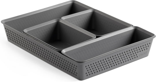 TATAY Organisateur de Tiroir Bohol | Set de 5 : 2xA6 + A5 + A4 + Slim | Paniers et Boîtes de Rangement | Design Minimaliste Fonctionnel | Ordre Maison et Bureau | Plastique Recyclé sans BPA, Gris
