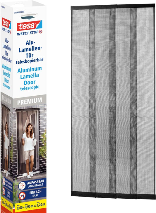 tesa INSECT STOP Aluminum Lamella Curtain Premium - moustiquaire télescopique - pour portes de balcon et de patio - installation facile sans perçage - 95 x 220 cm - Anthracite (Transparent)