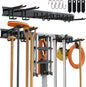 3-H Porte Outils Mural Jardin 120cm, Range Outils de Jardin en Acier Carbone avec 3 Rails & 10 Crochets de Garage Réglables & 4 Crochets S & 4 Sangles | Support Mural Modulable pour Ski Balai Râteau